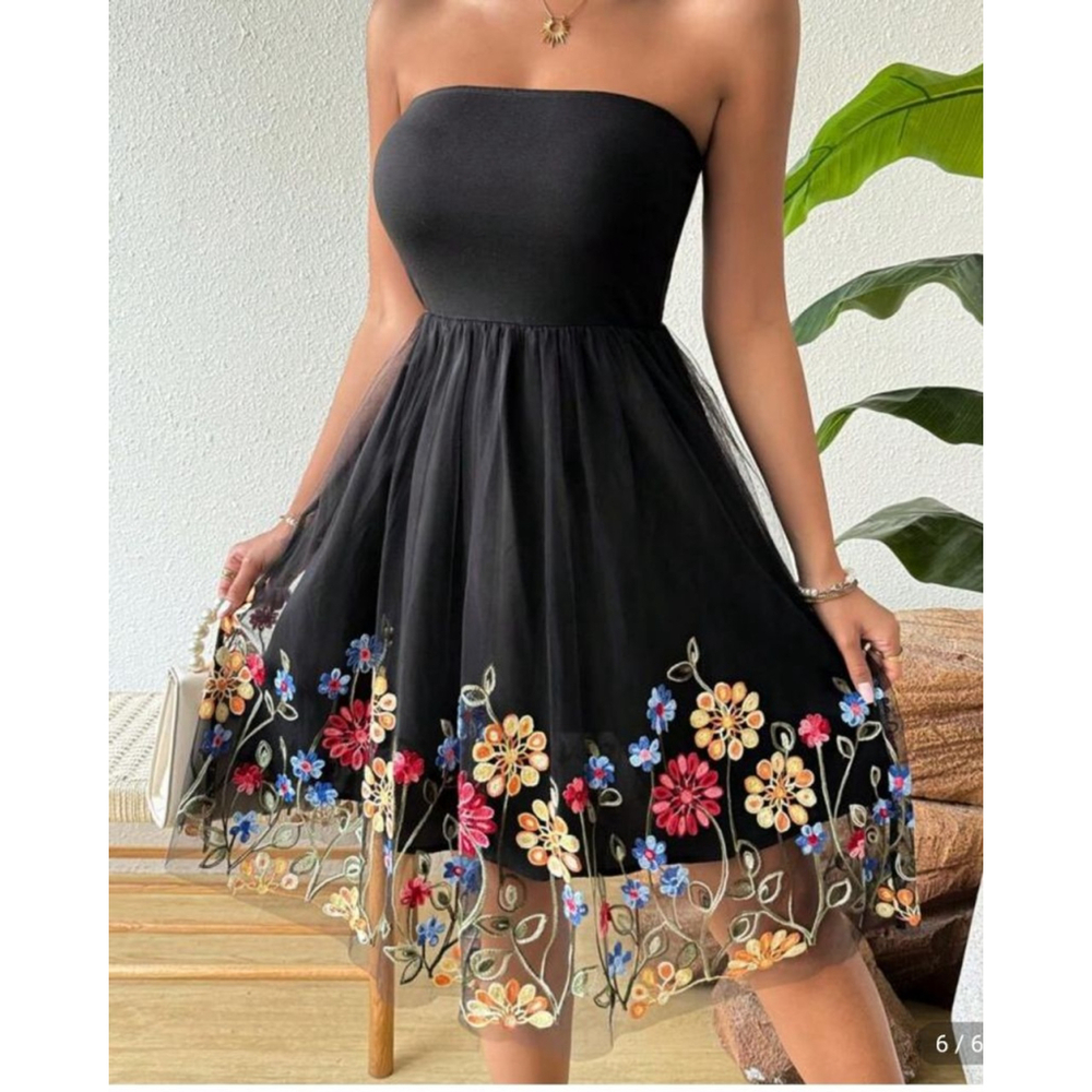 Women's SHEIN Black Multicolor Floral Embroidered Strapless Dress‎ US M